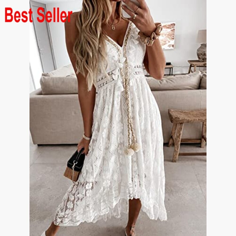 Cotton Blend Maxi Dress with Lace Tassel Adjustable Straps Sleeveless - Picture 4 of 7